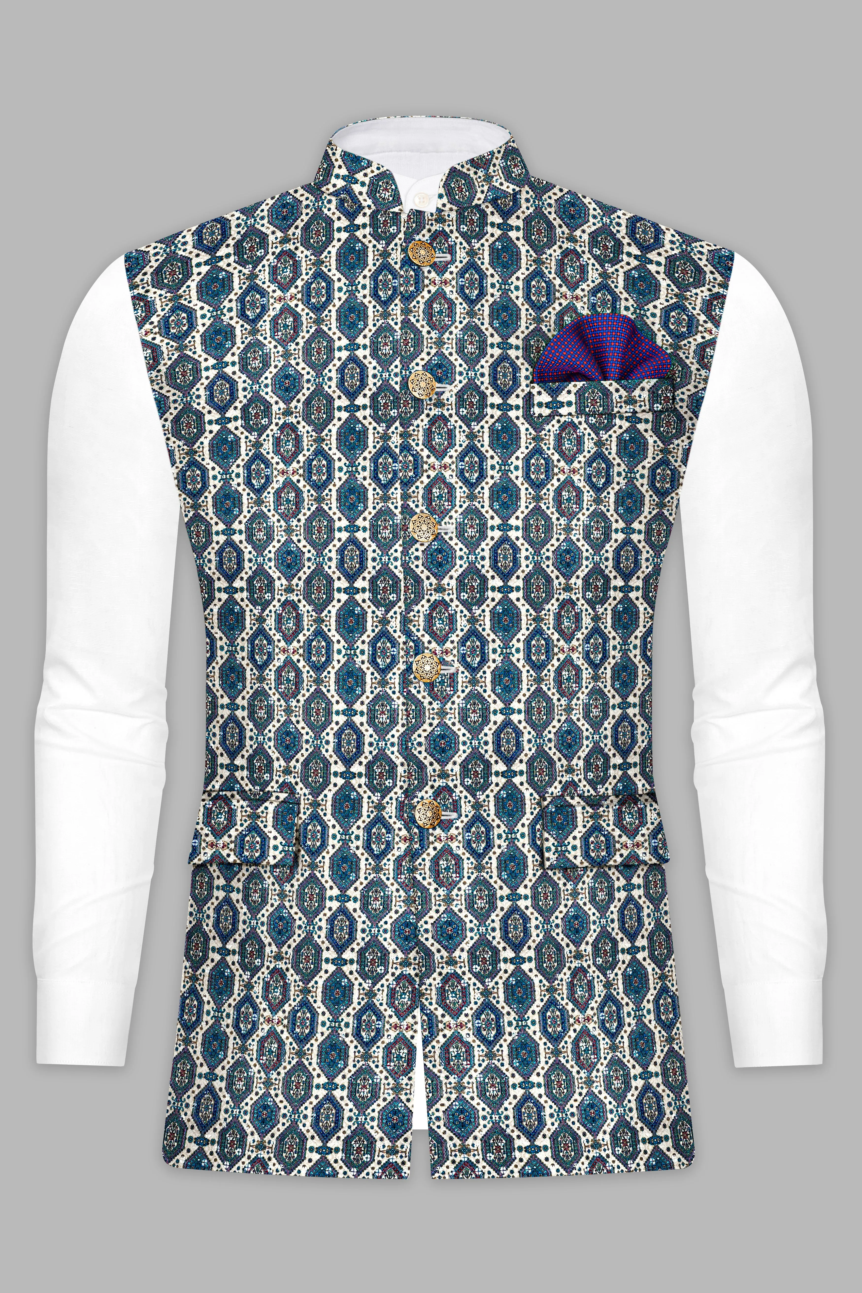 Albescent Cream Kurta Set With Bluish blue And Claret Red Thread Embroidered Nehru Jacket