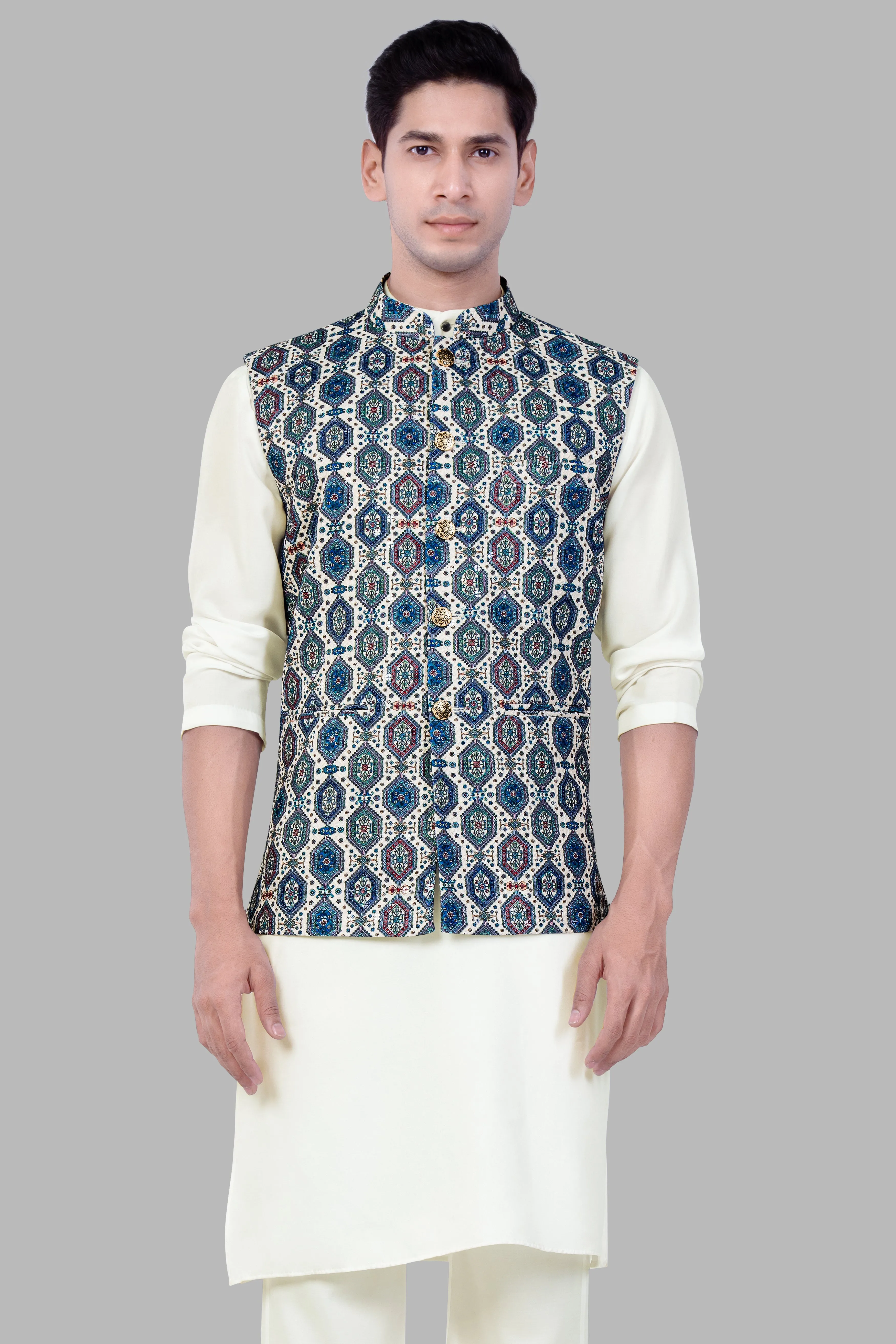 Albescent Cream Kurta Set With Bluish blue And Claret Red Thread Embroidered Nehru Jacket