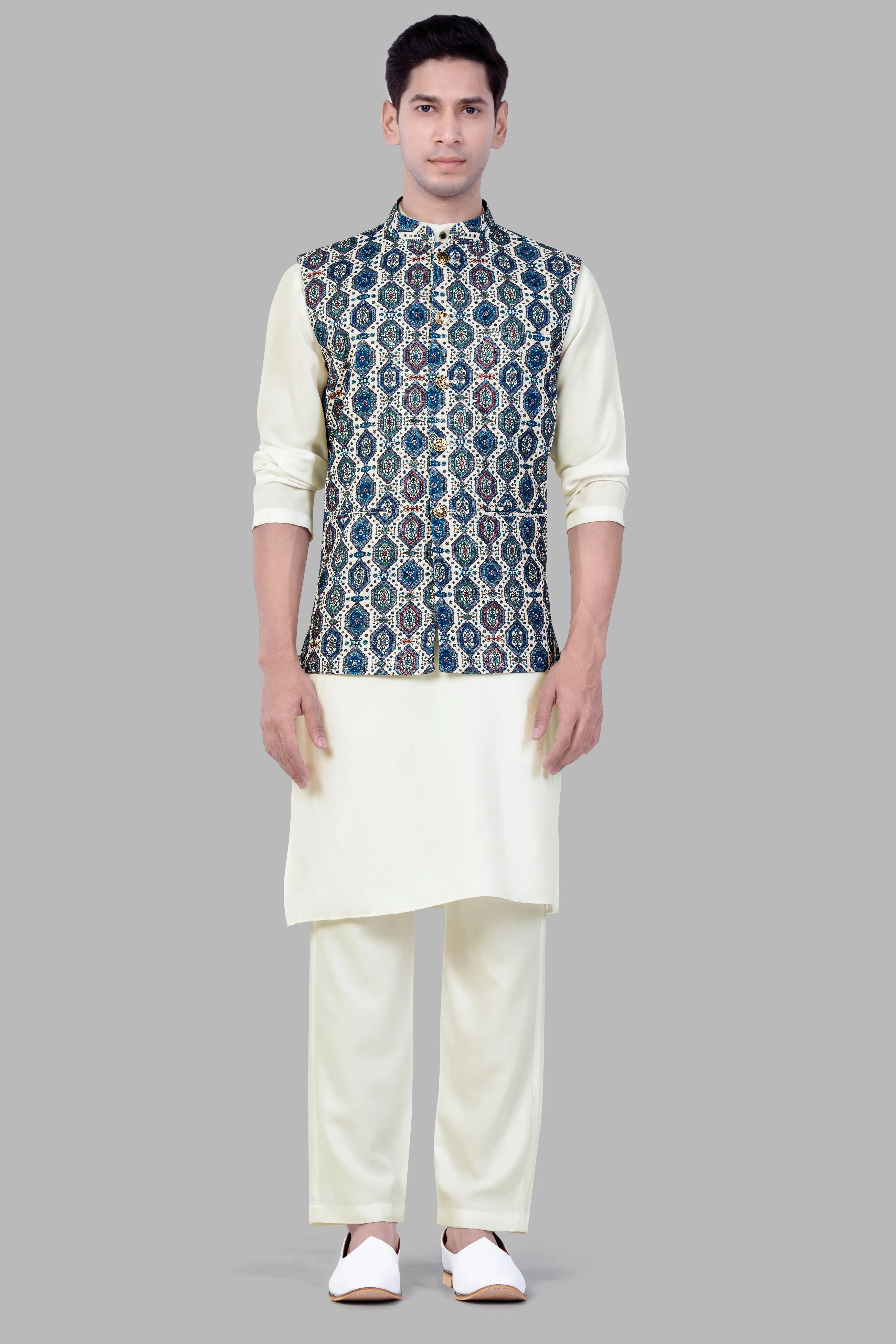 Albescent Cream Kurta Set With Bluish blue And Claret Red Thread Embroidered Nehru Jacket