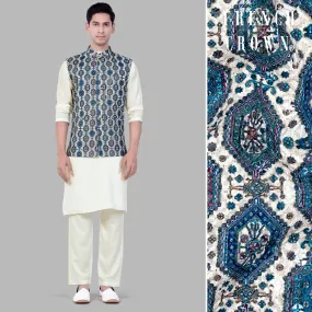 Albescent Cream Kurta Set With Bluish blue And Claret Red Thread Embroidered Nehru Jacket