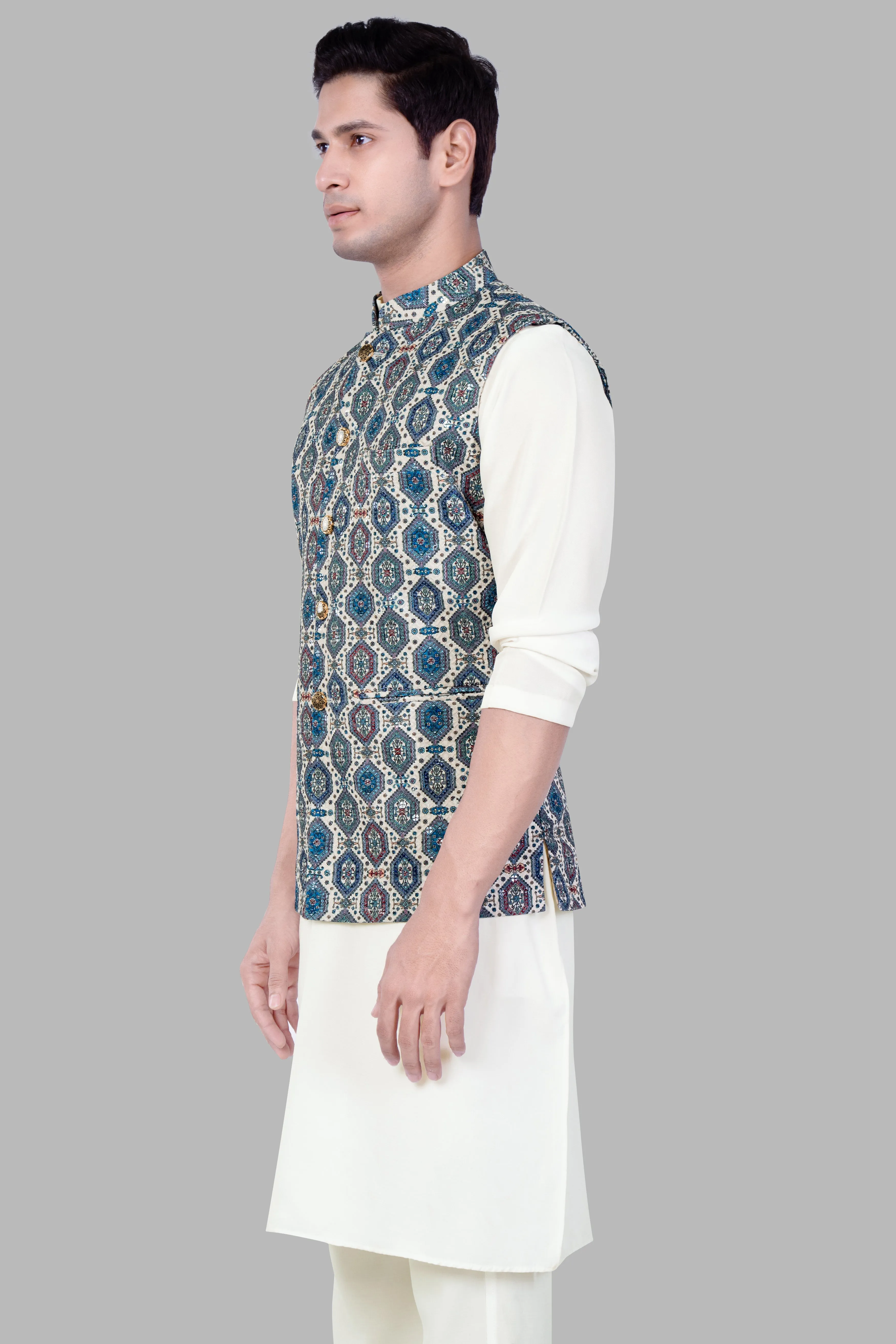 Albescent Cream Kurta Set With Bluish blue And Claret Red Thread Embroidered Nehru Jacket