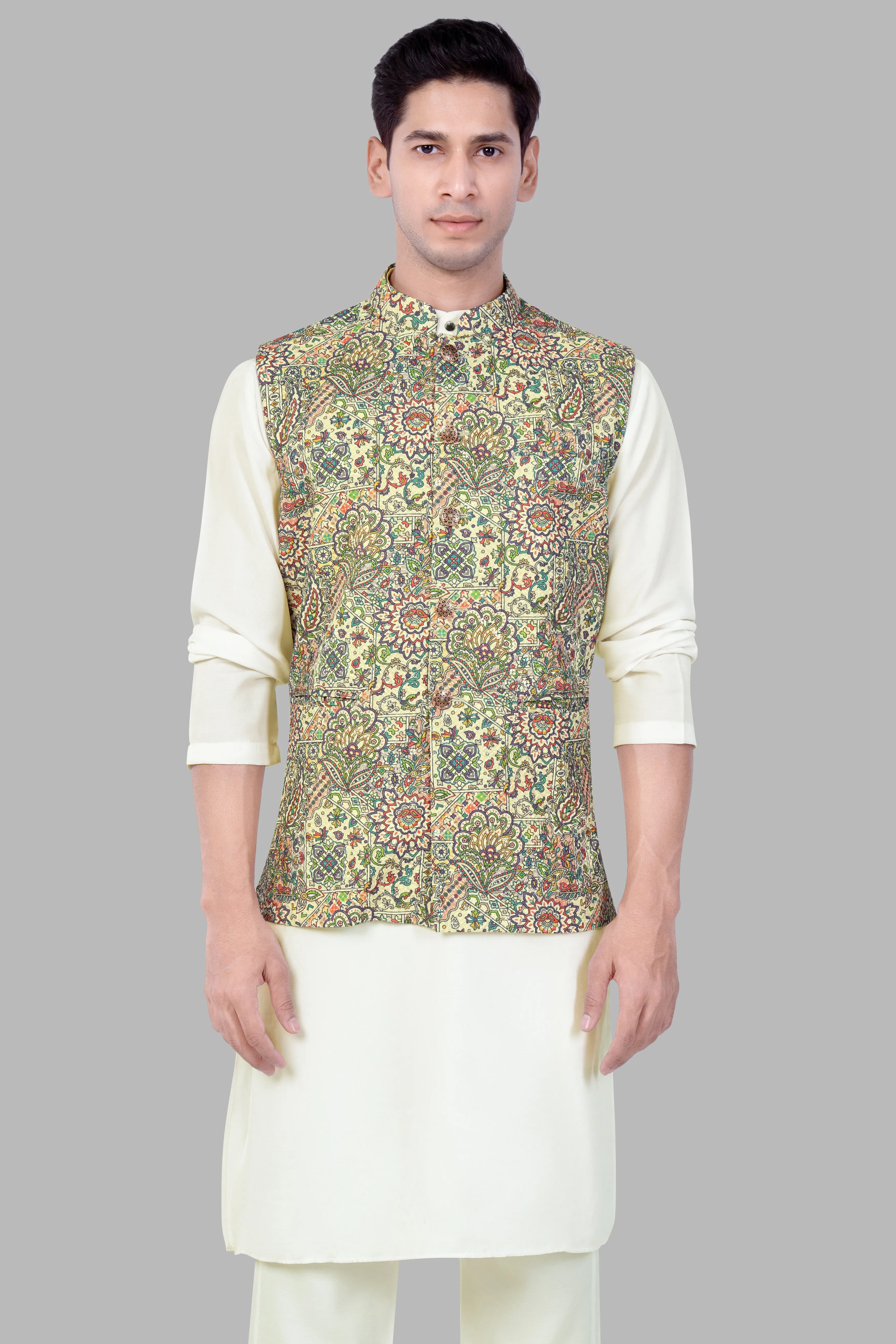 Albescent Cream Kurta Set With Eggshell Cream And Faded Purple MultiColour Embroidered Nehru Jacket