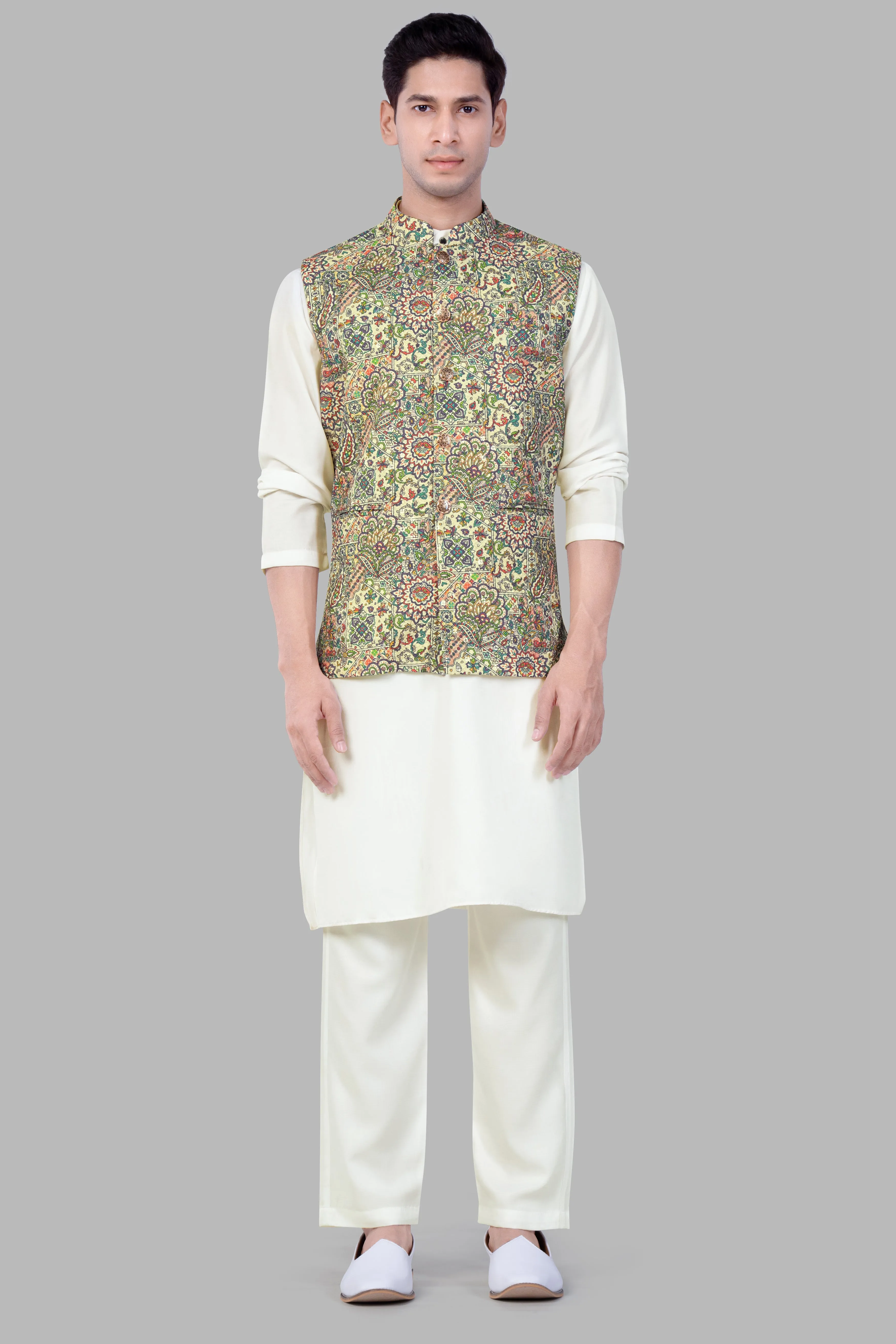 Albescent Cream Kurta Set With Eggshell Cream And Faded Purple MultiColour Embroidered Nehru Jacket