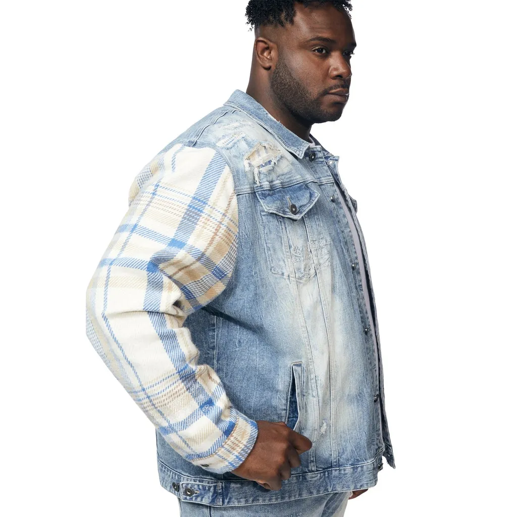 Big and Tall Embroidered Plaid Backed Denim Jacket - Lowell Blue