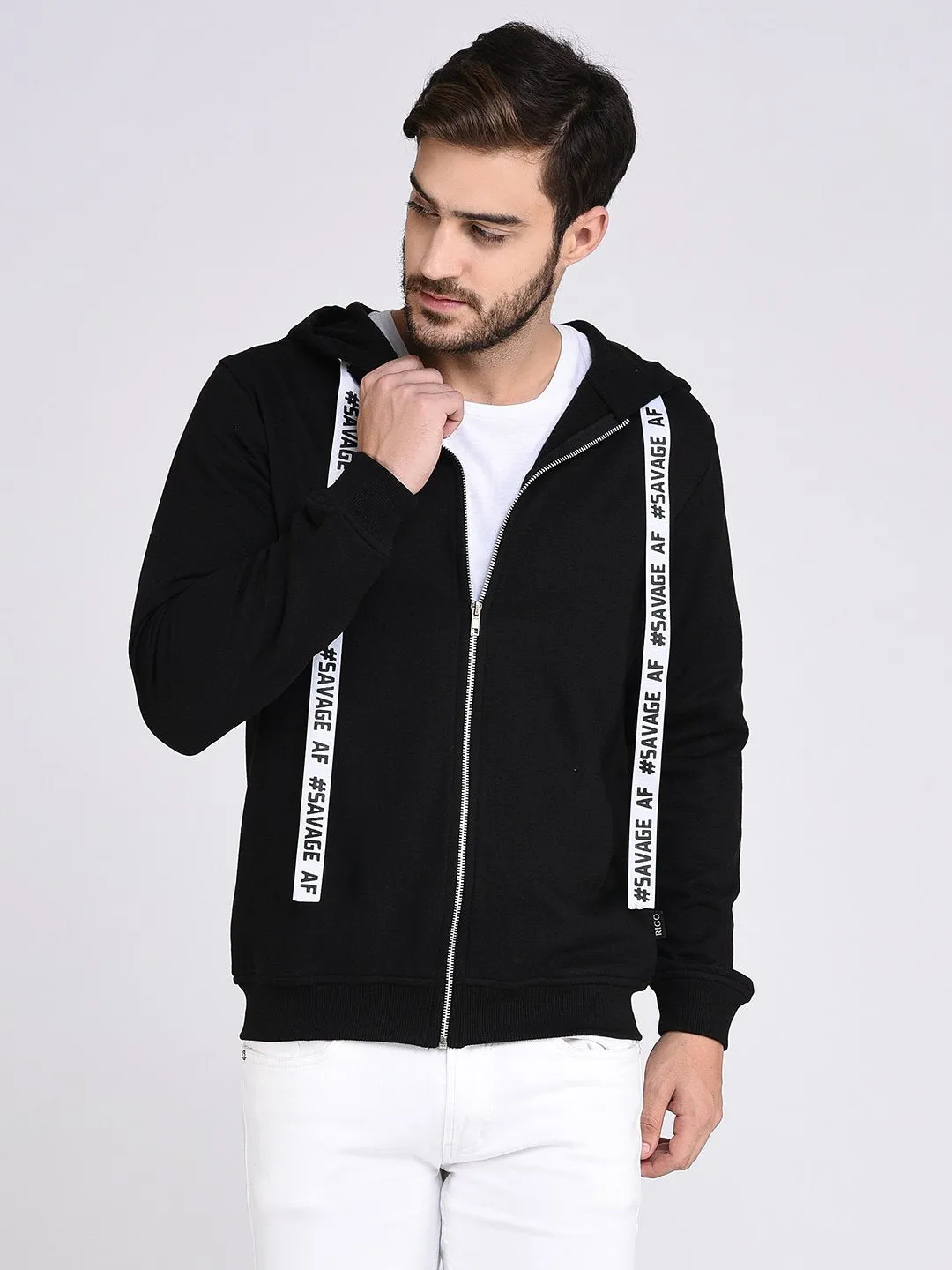 Black Fleece Hooded With Front Zip Open Sweatshirt-Full