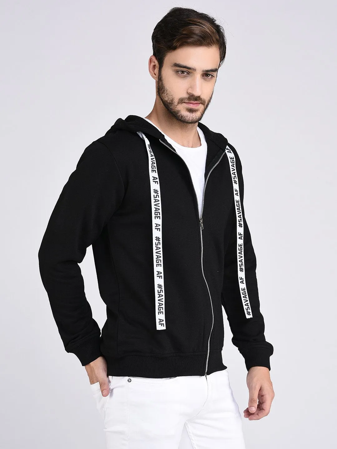 Black Fleece Hooded With Front Zip Open Sweatshirt-Full