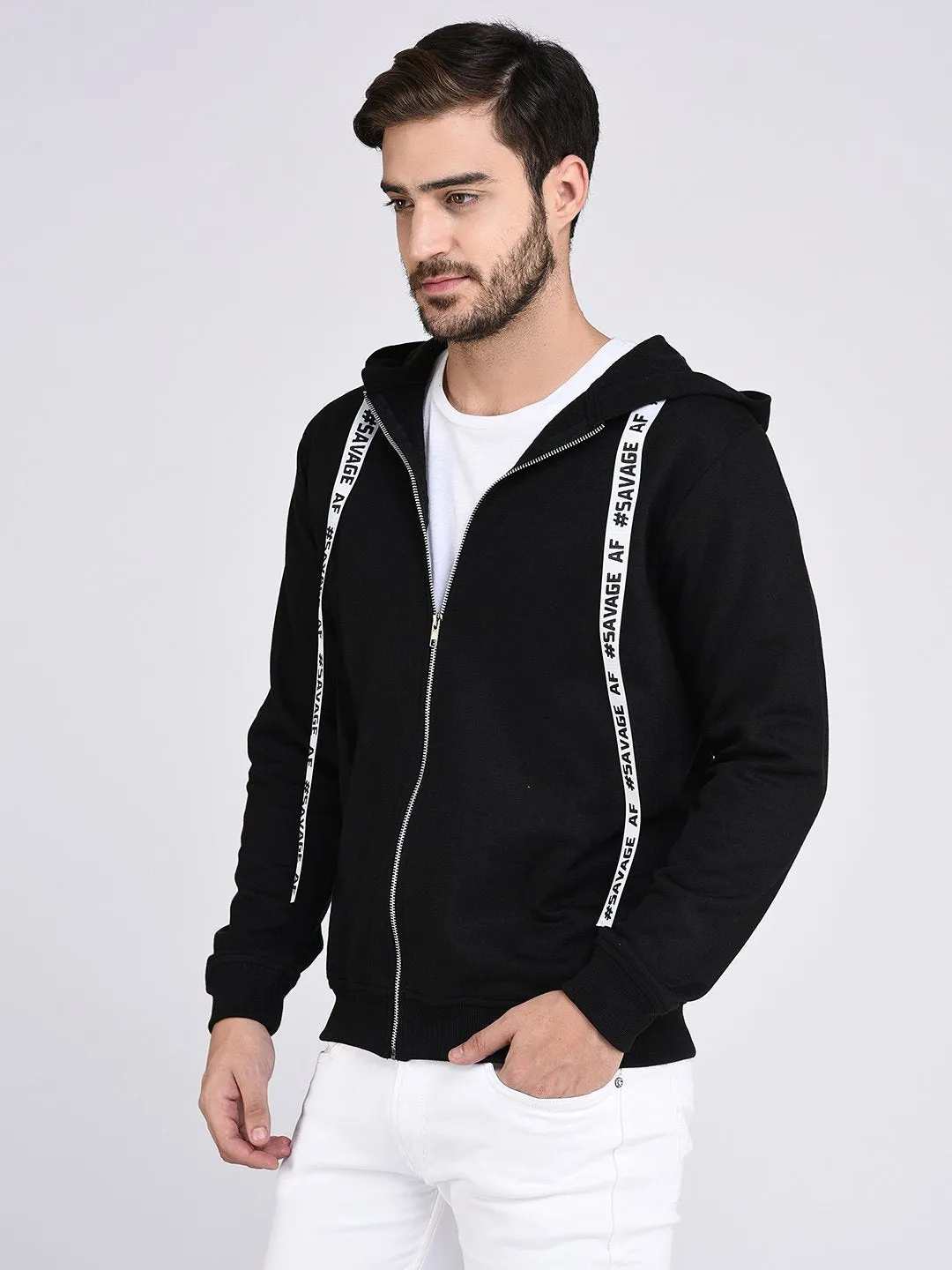 Black Fleece Hooded With Front Zip Open Sweatshirt-Full