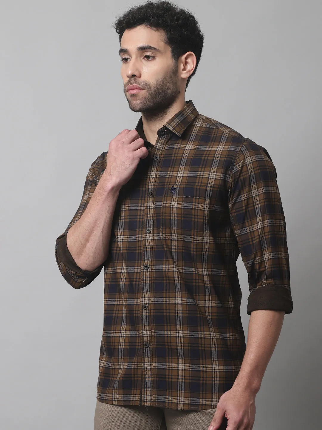 Cantabil Cotton Checkered Brown Full Sleeve Casual Shirt for Men with Pocket