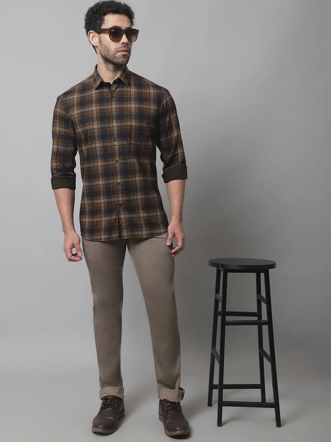 Cantabil Cotton Checkered Brown Full Sleeve Casual Shirt for Men with Pocket