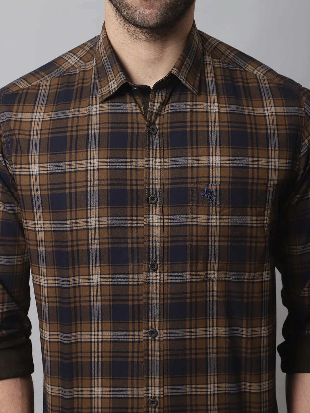 Cantabil Cotton Checkered Brown Full Sleeve Casual Shirt for Men with Pocket