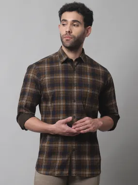 Cantabil Cotton Checkered Brown Full Sleeve Casual Shirt for Men with Pocket