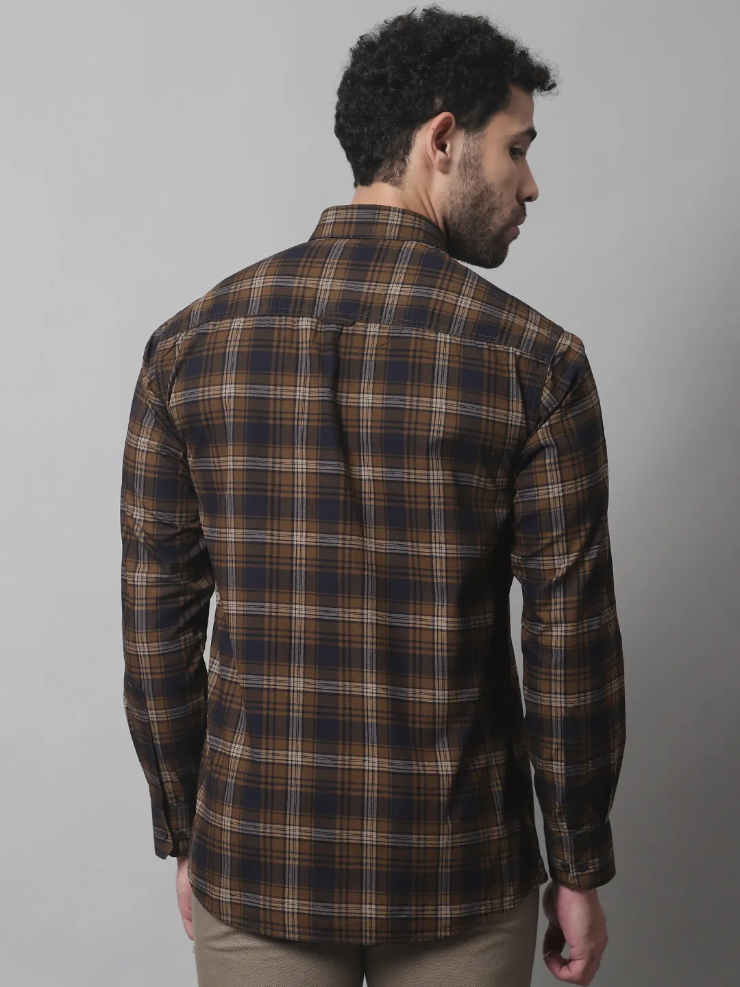 Cantabil Cotton Checkered Brown Full Sleeve Casual Shirt for Men with Pocket