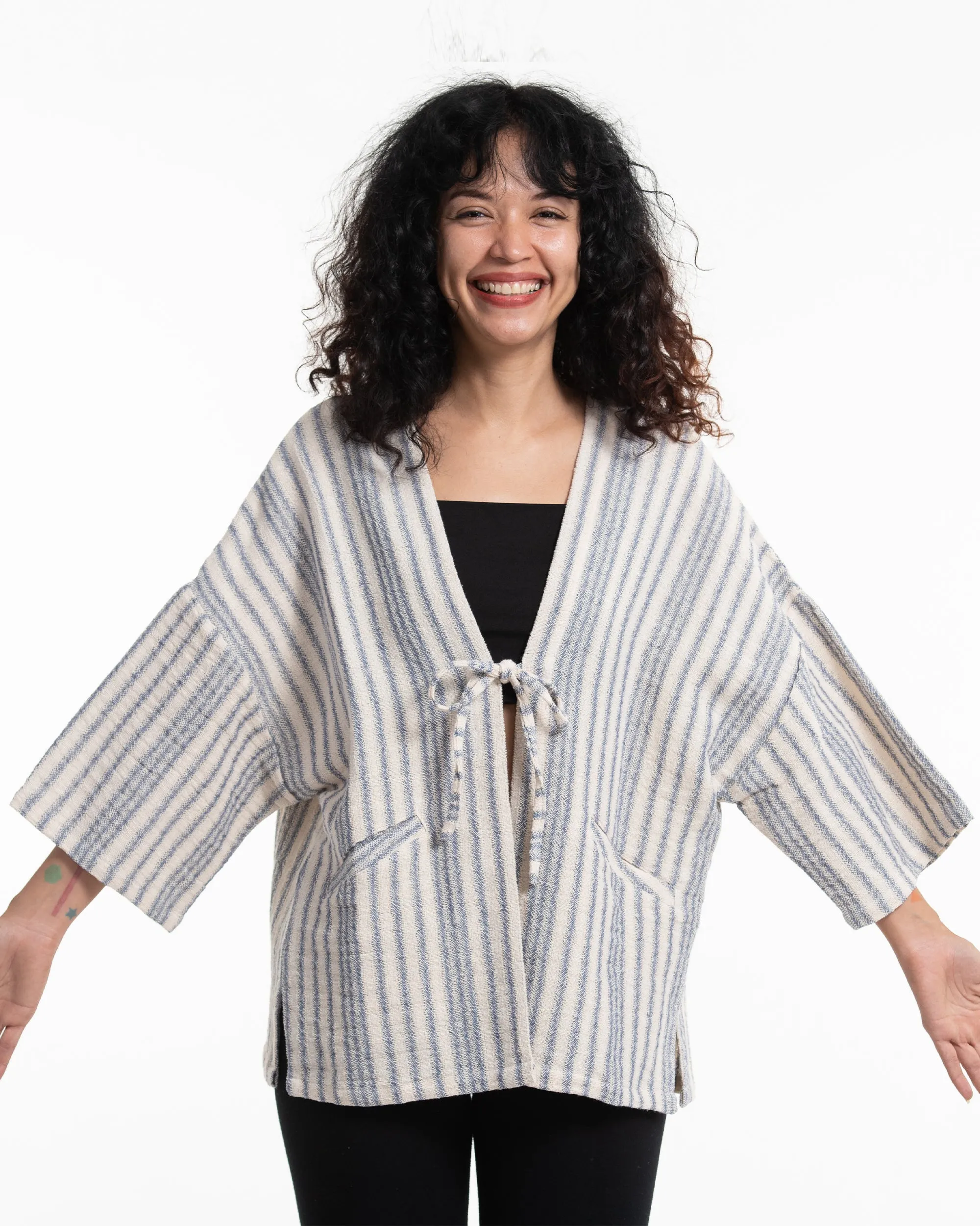 Cotton Kimono Cardigan in White and Blue