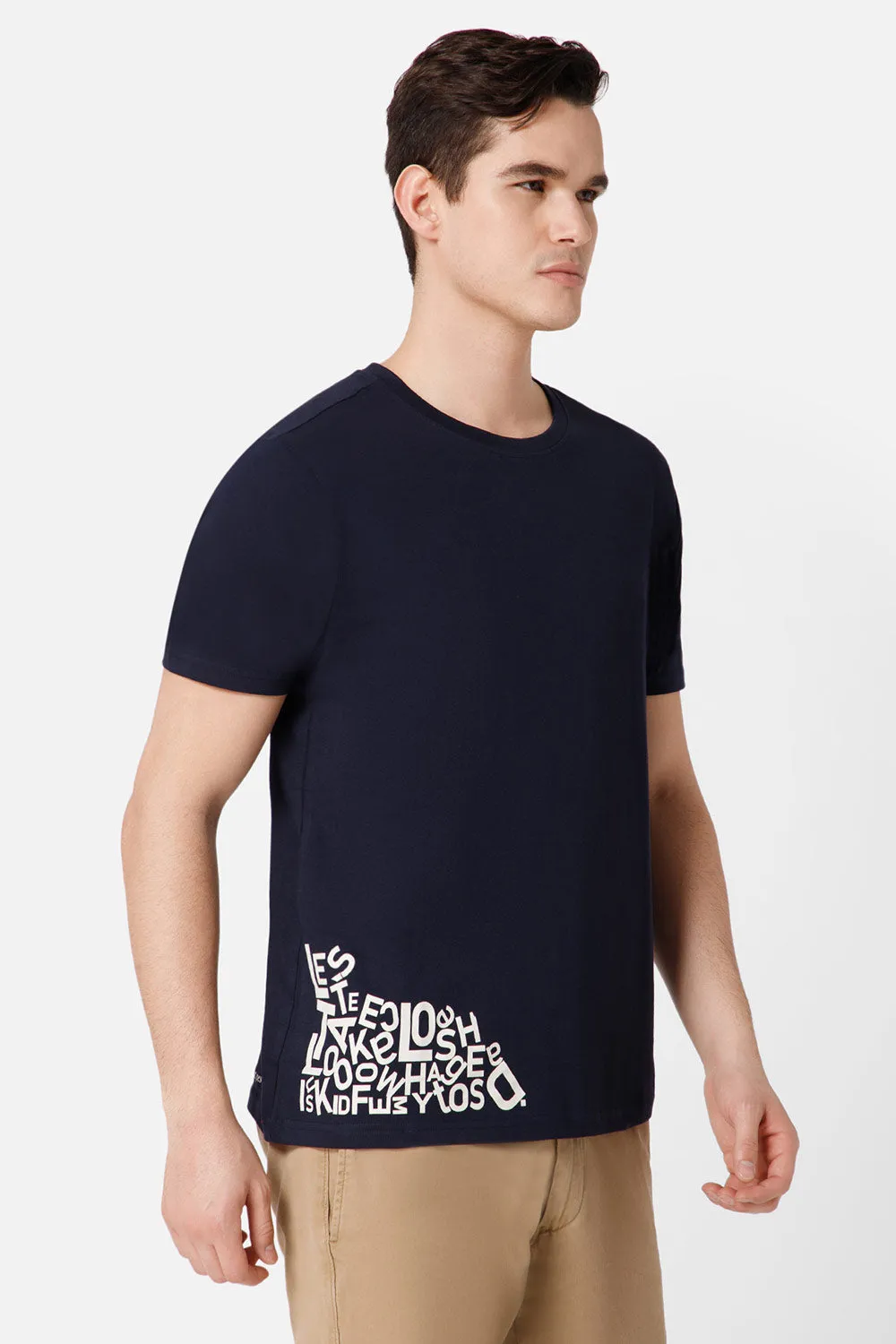 Enhance Printed Crew Neck Men's Casual T-Shirts - Navy - TS31