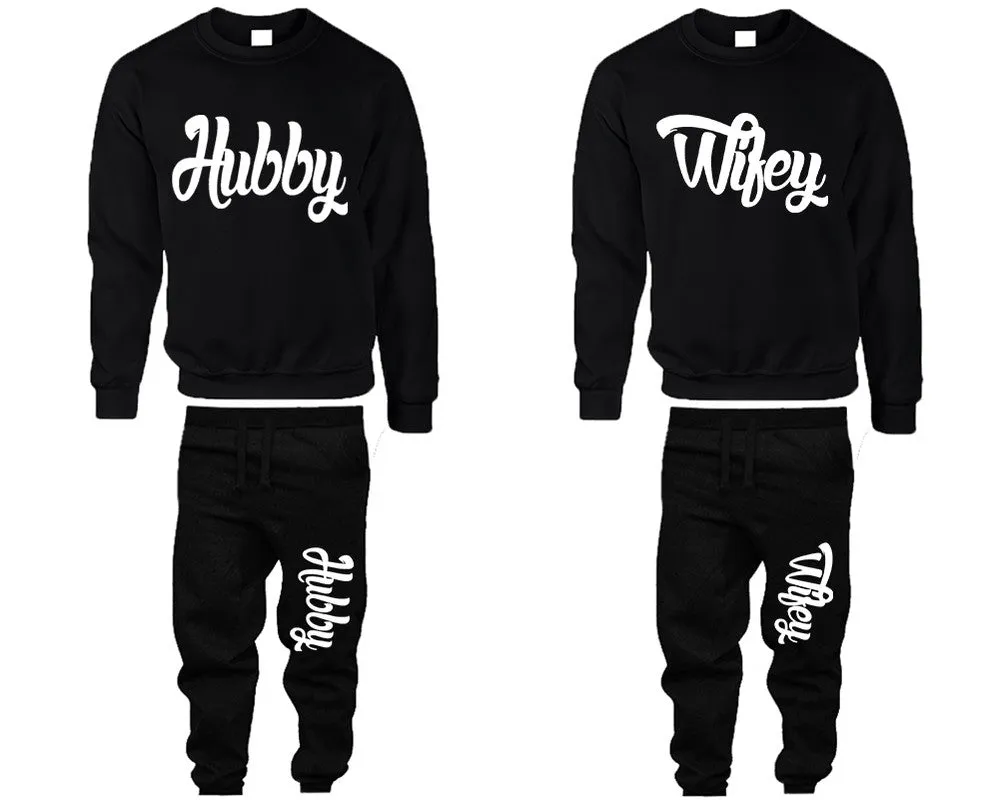 Hubby Wifey Couple Matching Crewneck Sweaters and Jogger Pants Top & Bottom Sets