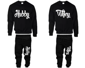 Hubby Wifey Couple Matching Crewneck Sweaters and Jogger Pants Top & Bottom Sets