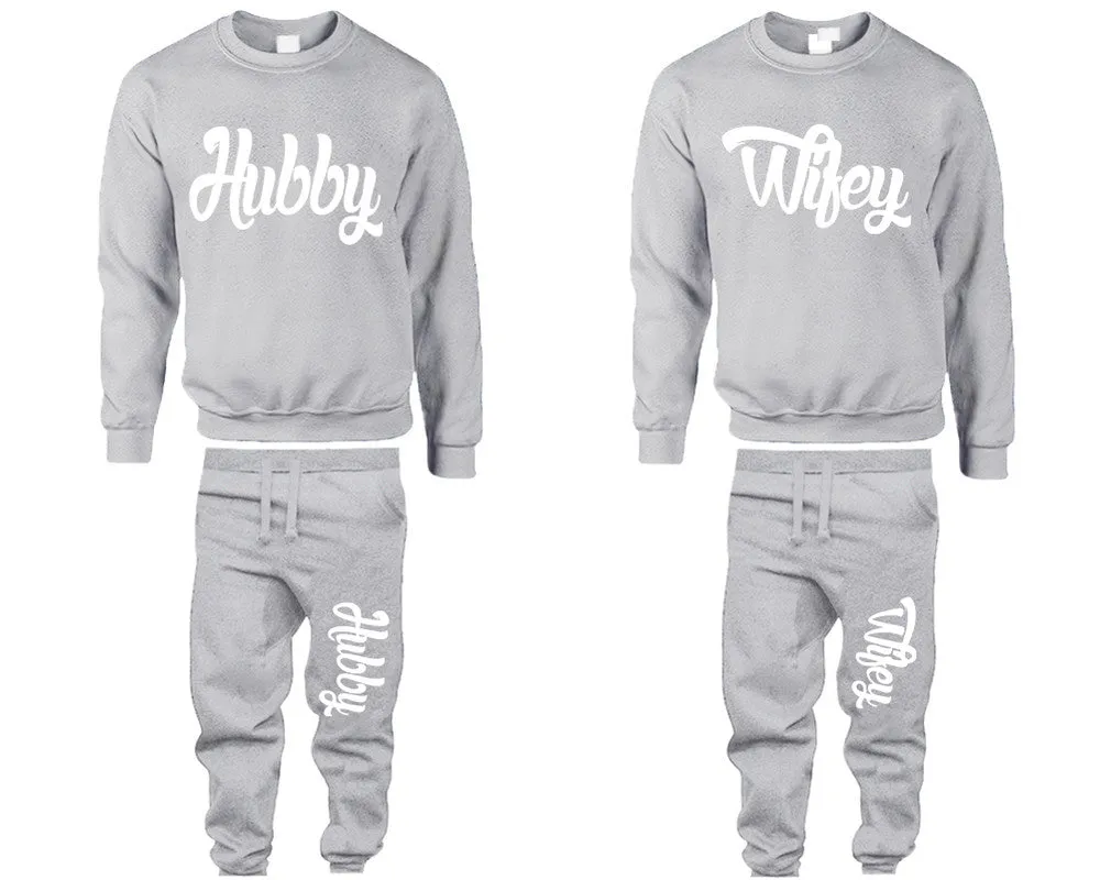 Hubby Wifey Couple Matching Crewneck Sweaters and Jogger Pants Top & Bottom Sets