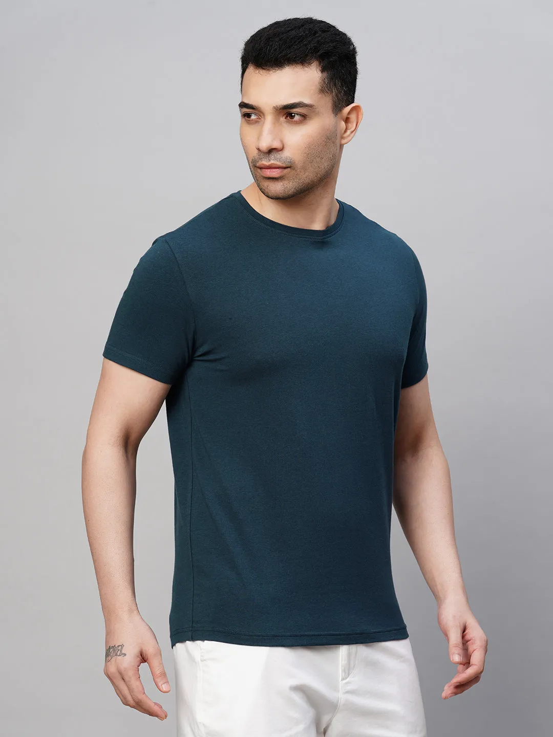 Men's Dark Blue Cotton Bamboo Elastane Regular Fit Tshirt