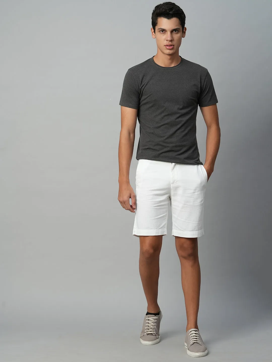 Men's White Cotton Linen Regular Fit Shorts