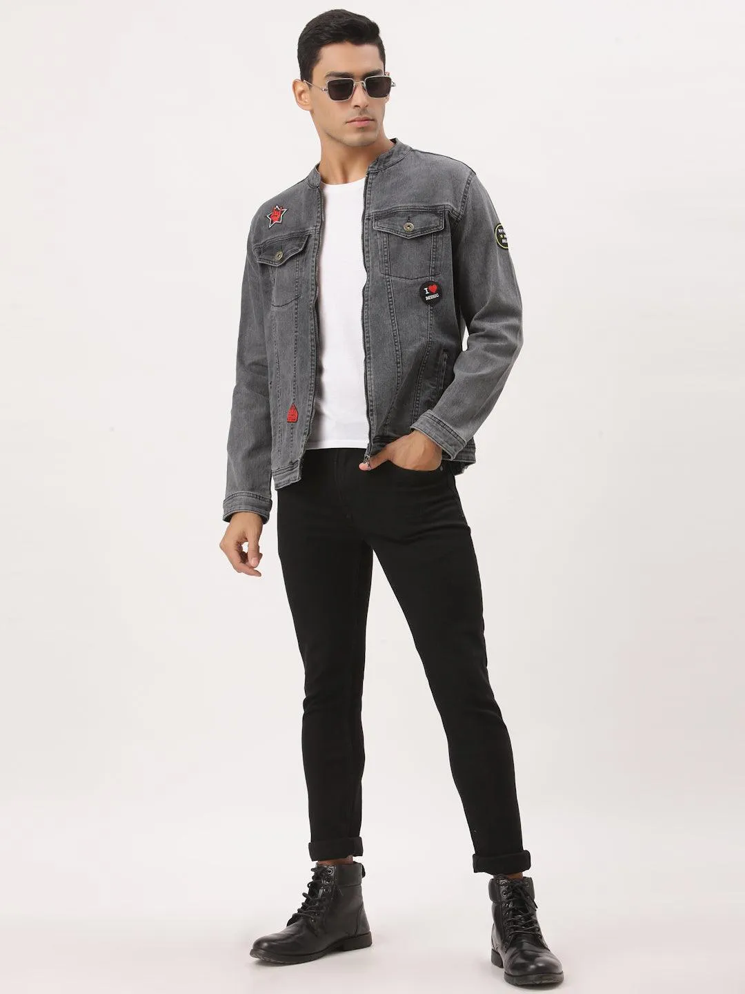 Style Quotient Men Grey Washed Denim Jacket